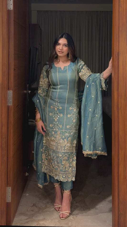 Regal Teal Embroidered Suit Set